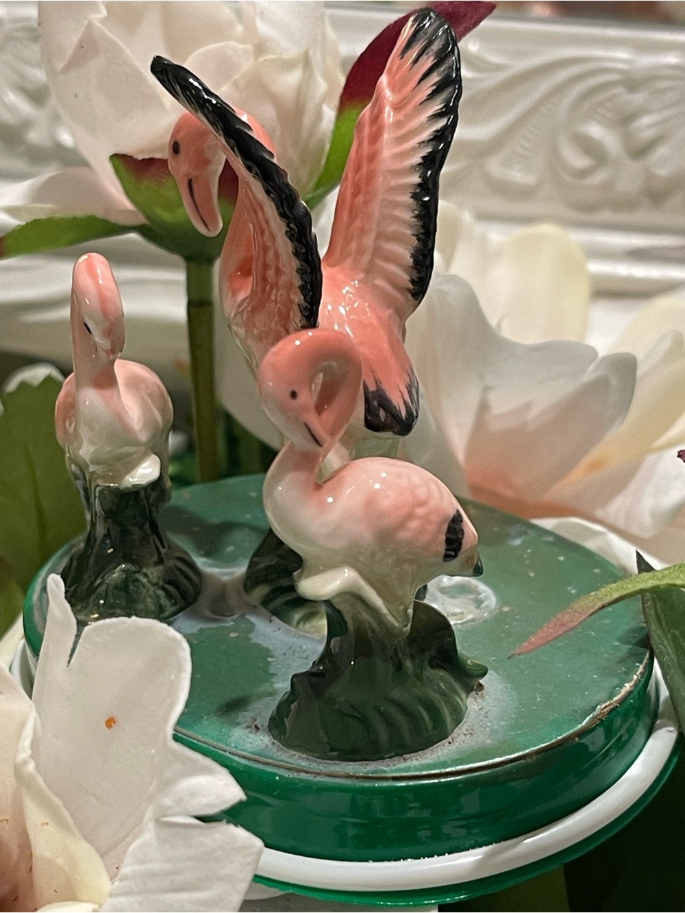 Vintage Miniature Pink Flamingo Figurines 3 dif on base Mid century Birds